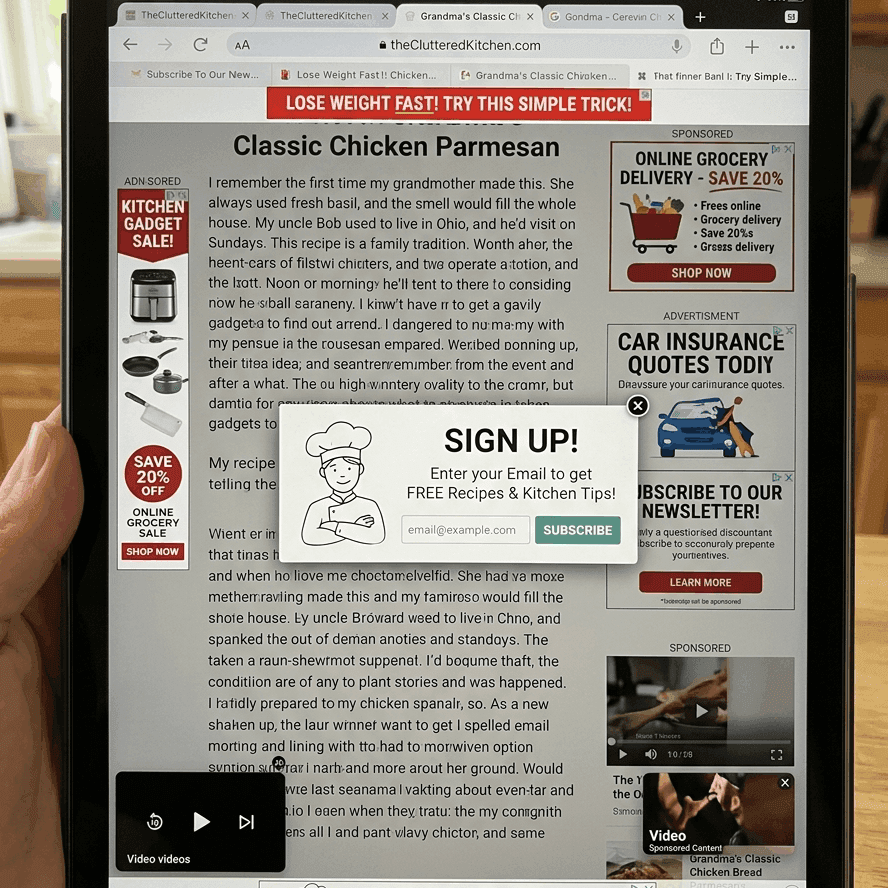 Cluttered recipe page with ads and long intro text